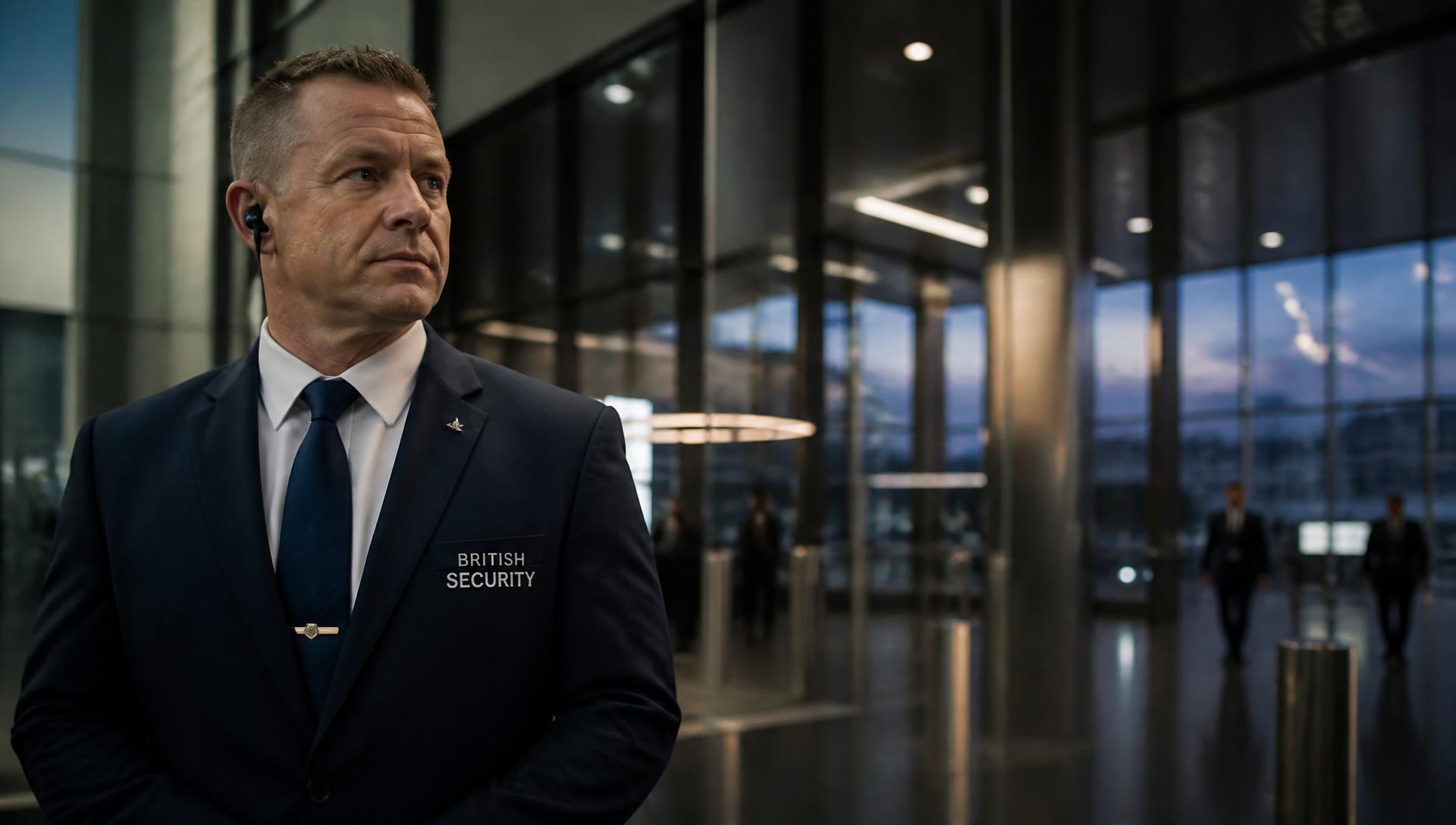 Security officer on duty in a corporate lobby at dusk